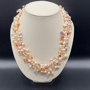 Vintage Light Pink Dangle Pearl Amethyst  Quartz necklace 925 Sterling Layered